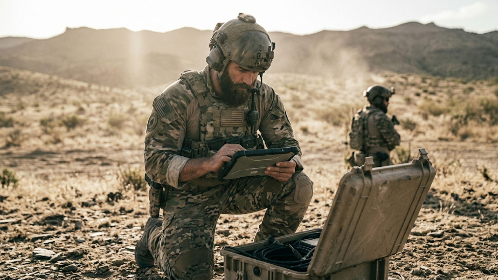 Operator in the field using a rugged tablet device in a desert environment.