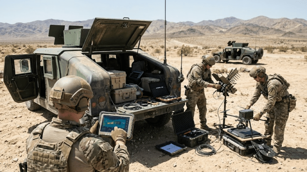 Field Test: Defense team deploying a counter-unmanned aerial system in the field, assembling antennas, configuring rugged hardware, and running setup workflows under operational conditions.